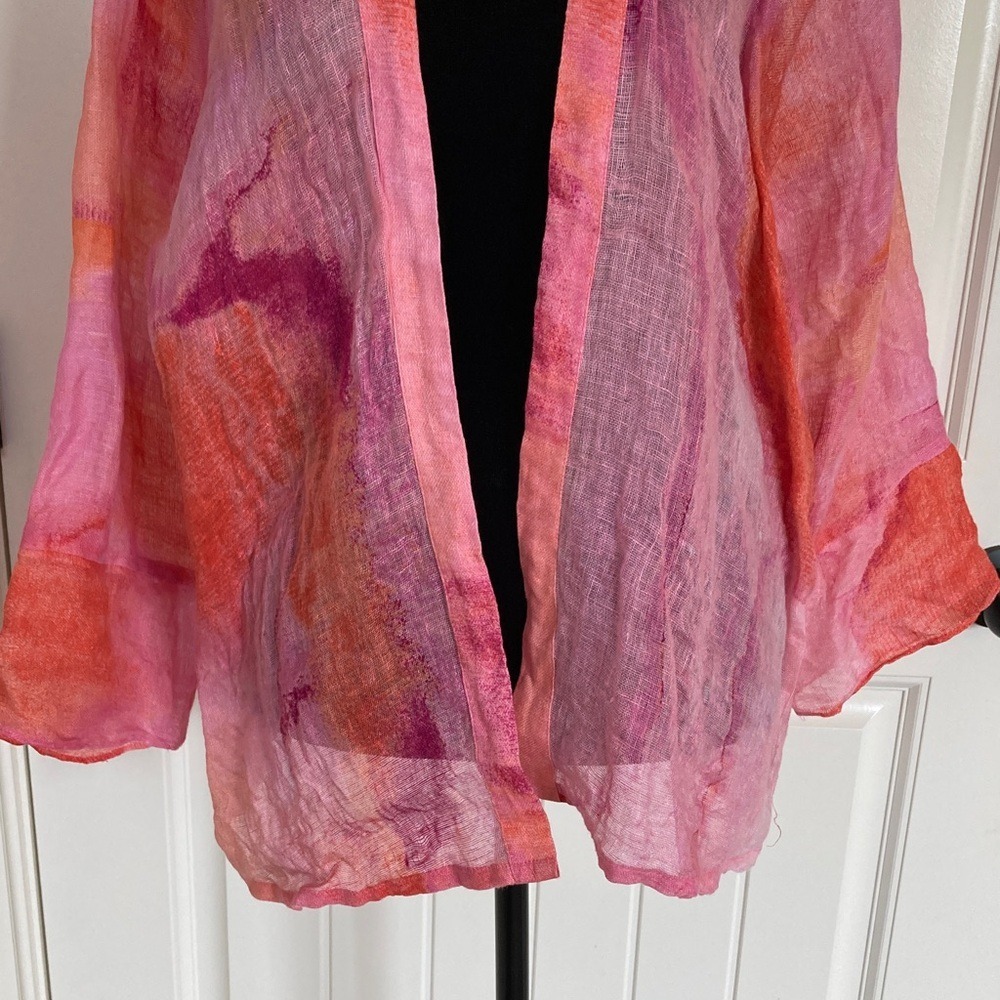 Chicos Womens Sheer‎ Watercolor Pink Coral Open Kimono Size XLP Coastal Linen - Picture 3 of 11